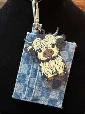 Denim checkered card holder with 3D printed highland cow charm.